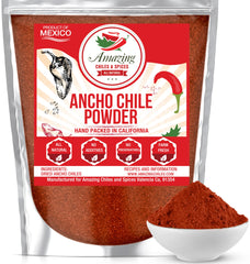 Amazing Chiles & Spices ancho powder bottle enhances authentic Mexican flavor.