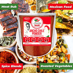 Amazing Chiles & Spices ancho powder jar adds smoky depth to stews and sauces.
