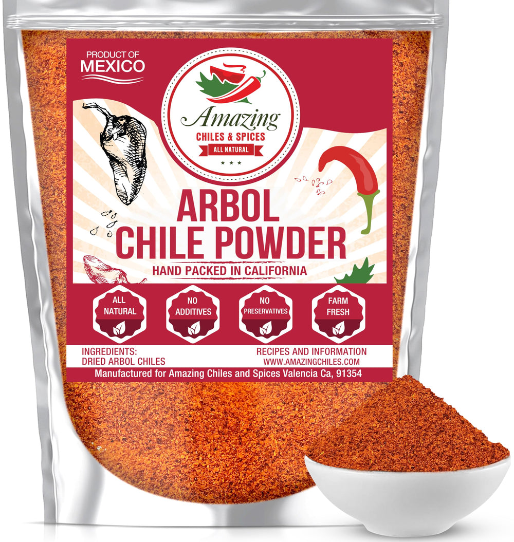 Amazing Chiles & Spices arbol powder in a jar enhances authentic Mexican flavor.