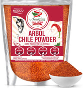 Amazing Chiles & Spices arbol powder in a jar enhances authentic Mexican flavor.