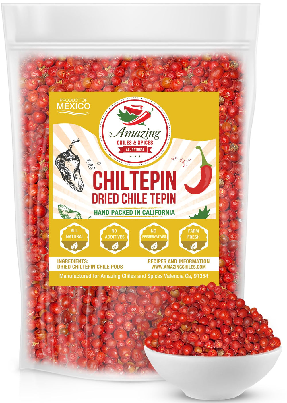 Amazing Chiles & Spices chiltepin front bag, vibrant peppers for bold seafood dishes.