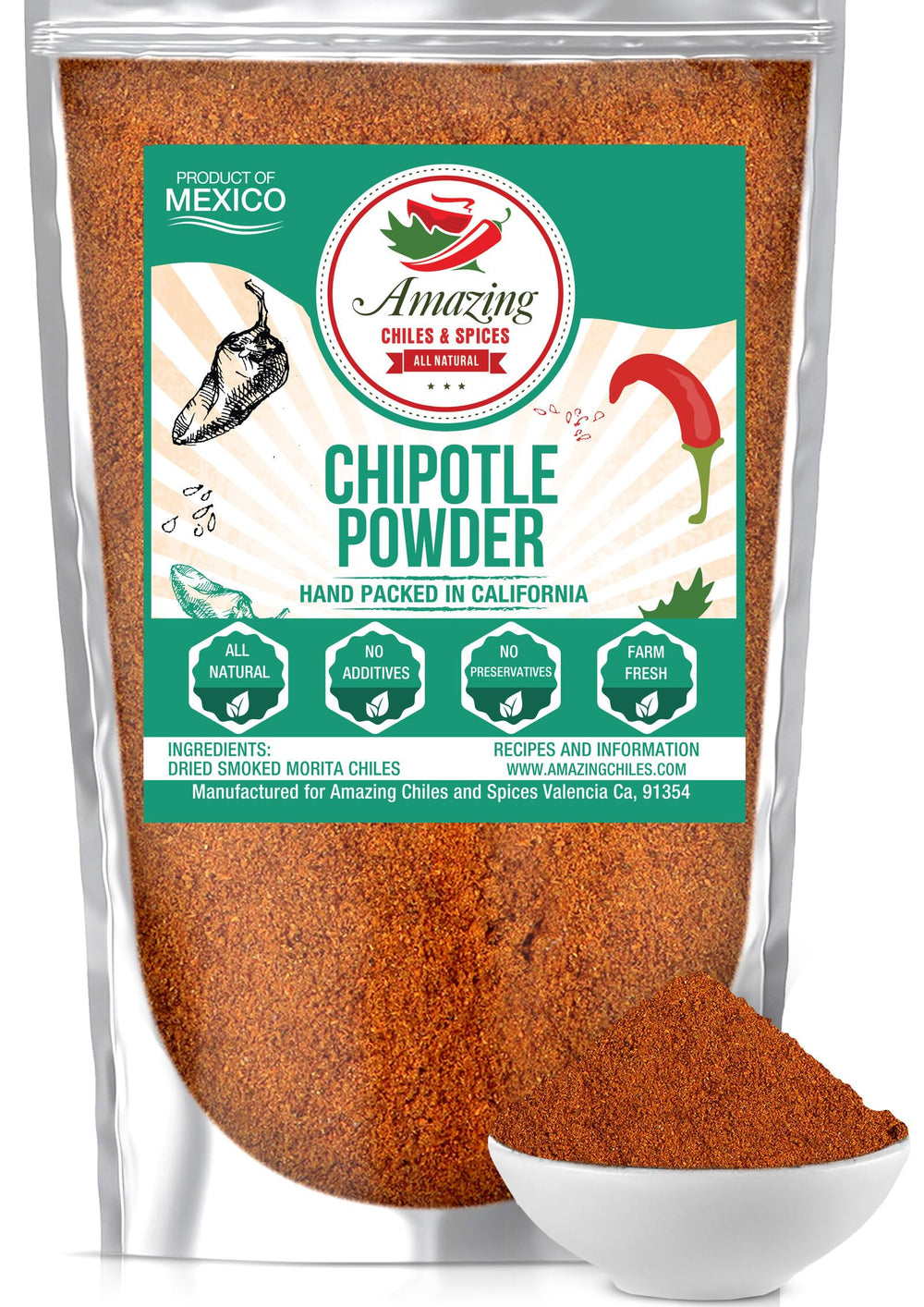 Amazing Chiles & Spices chipotle powder jar adds rich smoky flavor to dishes.