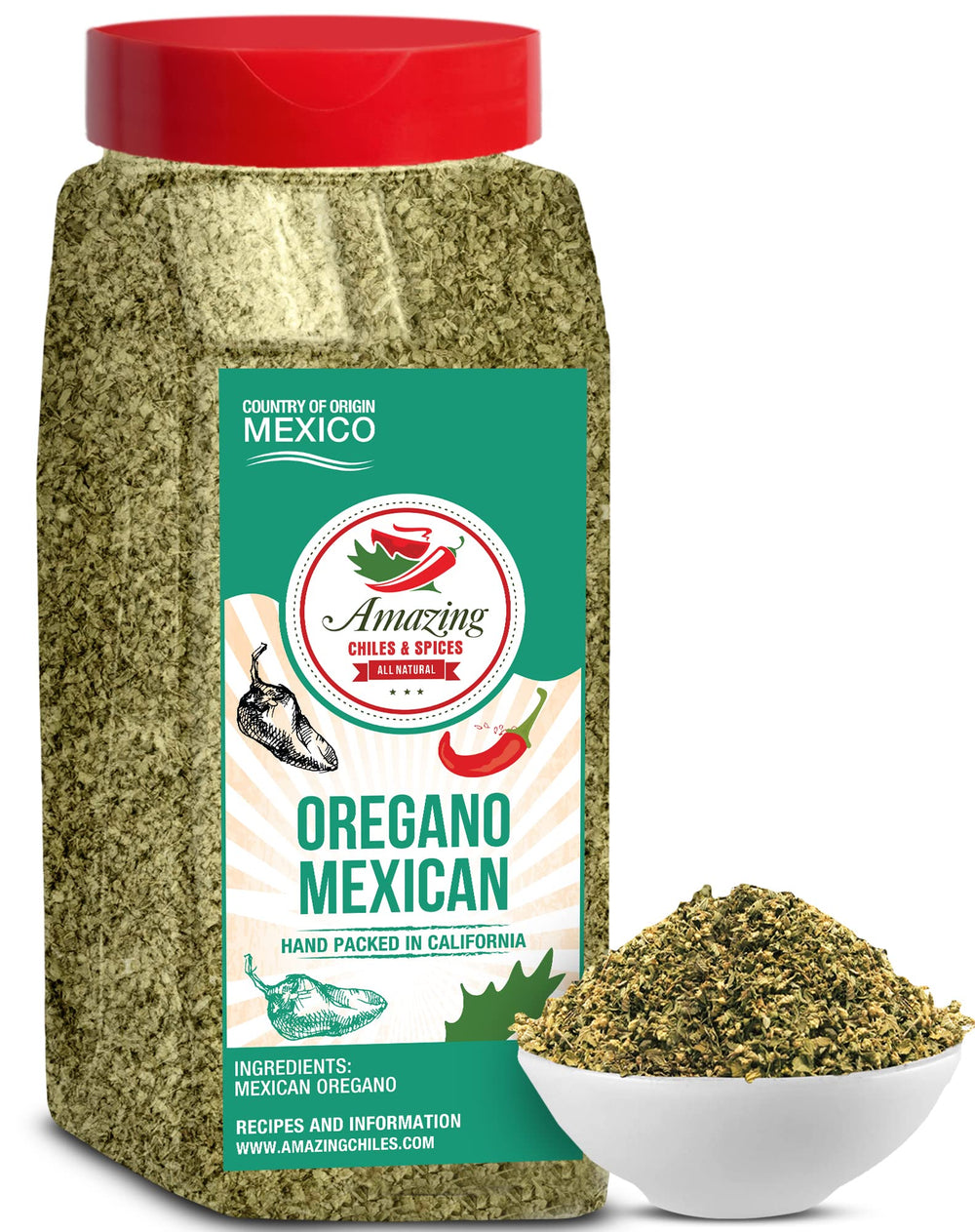 Amazing Chiles & Spices dried oregano leaves closeup for bright aroma in Mexican cooking.