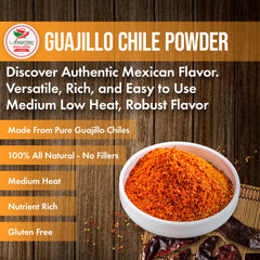 Amazing Chiles and Spices Guajillo Chile Powder surface spread shows rich color and aroma.