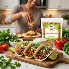 Amazing Chiles TVP cooking pan demonstrates quick, protein-packed plant-based meal prep.