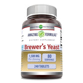 Amazing Nutrition's Amazing Formulas brewer's yeast bottle shows 1500 mg per serving for daily supplementation.