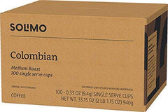 Amazon Brand Solimo 100-count Colombian coffee pods for convenience.