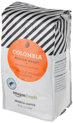 Amazon Fresh Colombia whole beans display a rich, even roast.