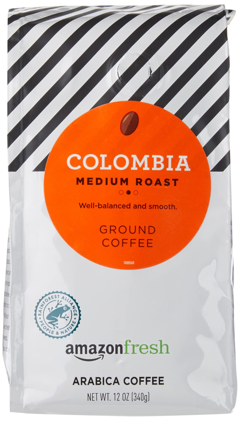 Amazon Fresh Colombia ground coffee bag highlights freshness for your morning brew.