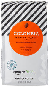 Amazon Fresh Colombia ground coffee bag highlights freshness for your morning brew.