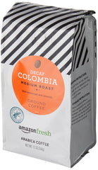 Amazon Fresh Decaf Colombia coffee label highlights 100% Arabica origin and balanced flavor