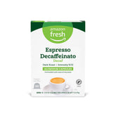 Amazon Fresh Espresso Decaffeinato packaging highlights aluminum capsules for quick, mess-free brewing