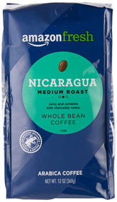 Amazon Fresh Nicaragua coffee bag front: rich aroma and medium-light roast.