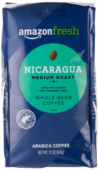 Amazon Fresh Nicaragua coffee bag front: rich aroma and medium-light roast.