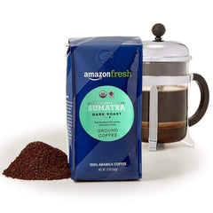 Amazon Fresh Sumatra coffee mug scene highlighting bold, rich flavor