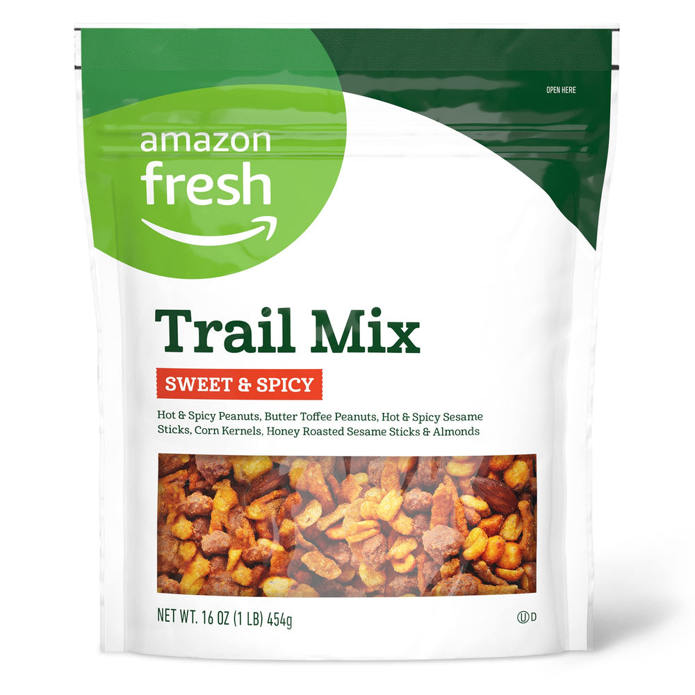 Amazon Fresh Sweet and Spicy Trail Mix bag front for on-the-go snacking.