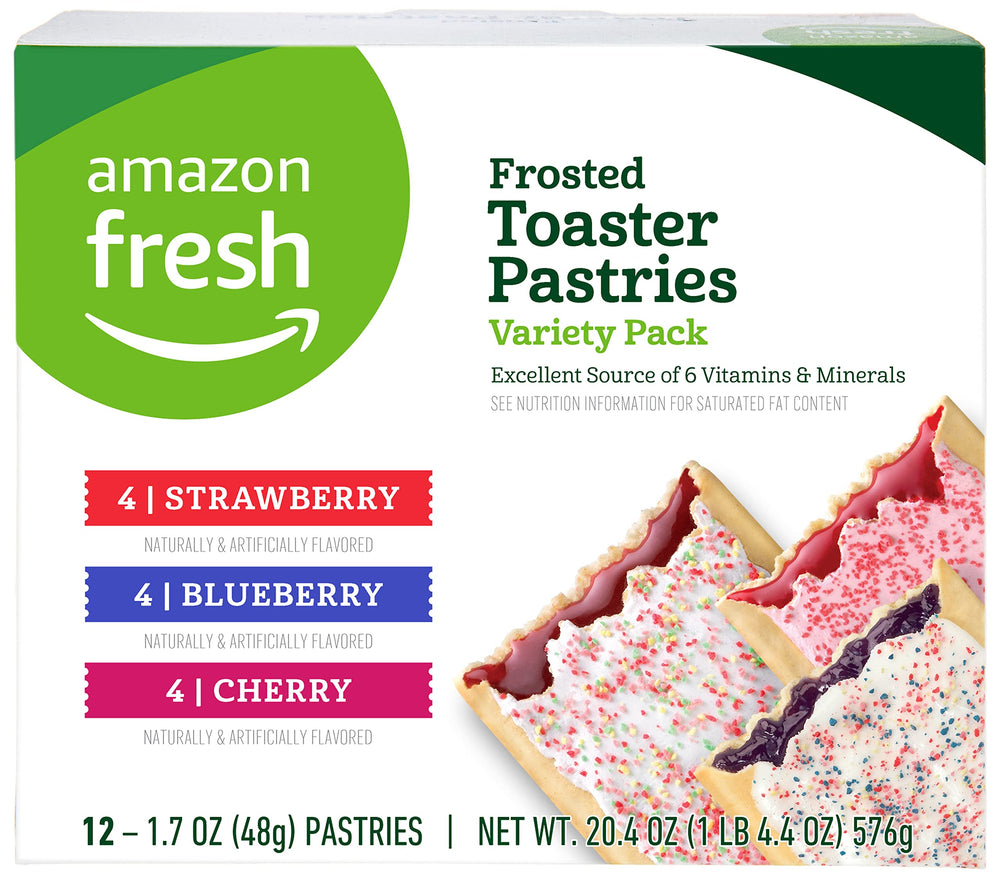 Amazon Fresh toaster pastries strawberry flavor in a 12-count box, ideal for busy mornings.