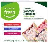 Amazon Fresh toaster pastries strawberry flavor in a 12-count box, ideal for busy mornings.