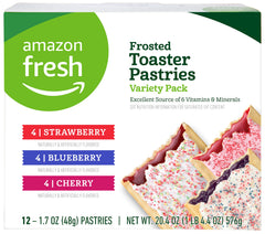 Amazon Fresh toaster pastries strawberry flavor in a 12-count box, ideal for busy mornings.