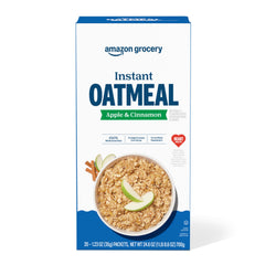 Amazon Grocery Apple & Cinnamon Instant Oatmeal box viewed for quick breakfast prep