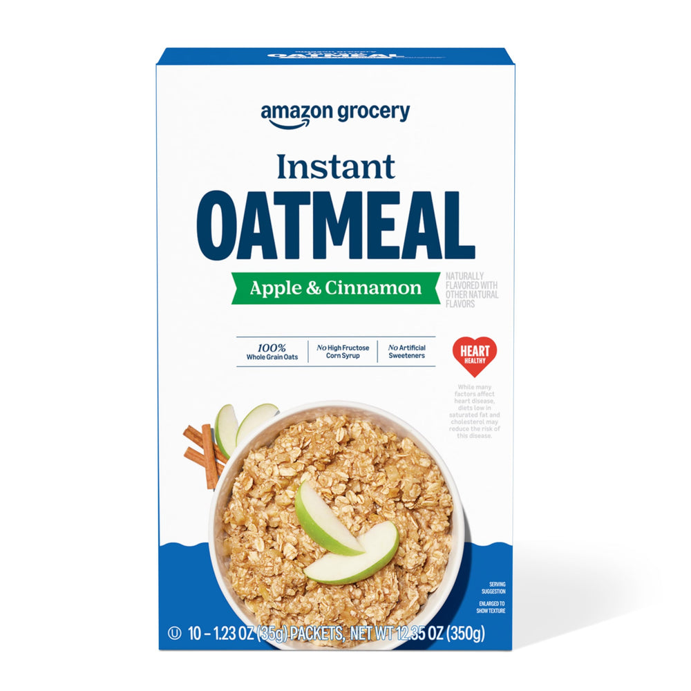 Amazon Grocery Apple Cinnamon Instant Oatmeal box for quick, easy breakfasts.