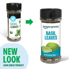 Amazon Grocery Basil Leaves label closeup highlights fresh aroma.