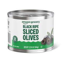 Amazon Grocery Black Ripe Sliced Olives can on counter, ready for quick meals.