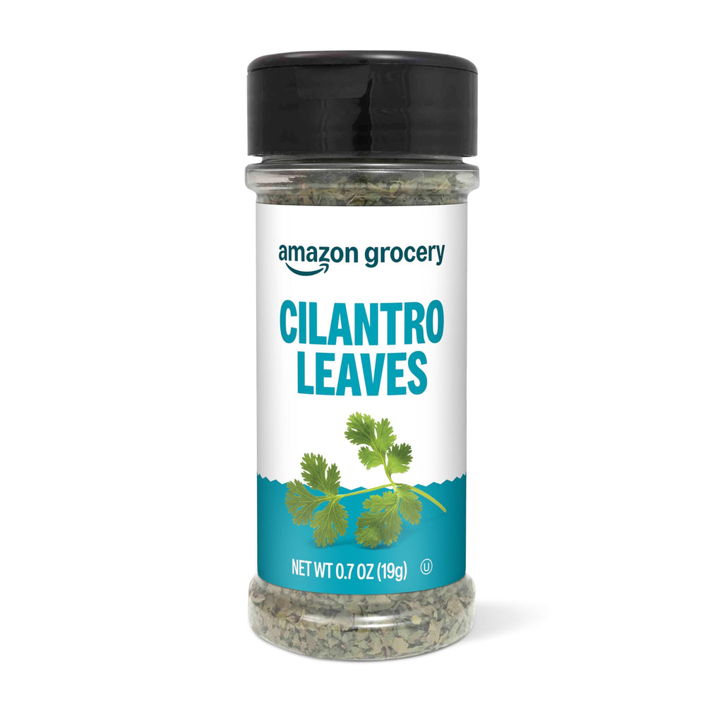 Amazon Grocery Cilantro Leaves 0.7 oz bottle, front view, adds fresh flavor to meals.