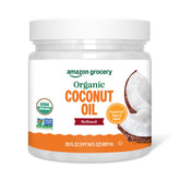 Amazon Grocery coconut oil bottle front view for versatile cooking and neutral flavor.