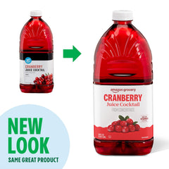 Amazon Grocery Cranberry Juice Cocktail label closeup shows brand and ingredients.