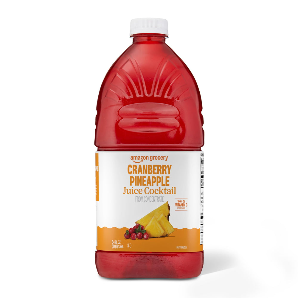 Amazon Grocery Cranberry Pineapple Juice Bottle on counter, refreshing everyday drink.