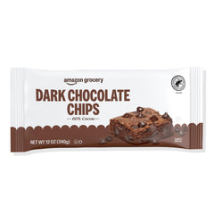 Amazon Grocery dark chocolate chips bag front, ideal for baking and snacking.