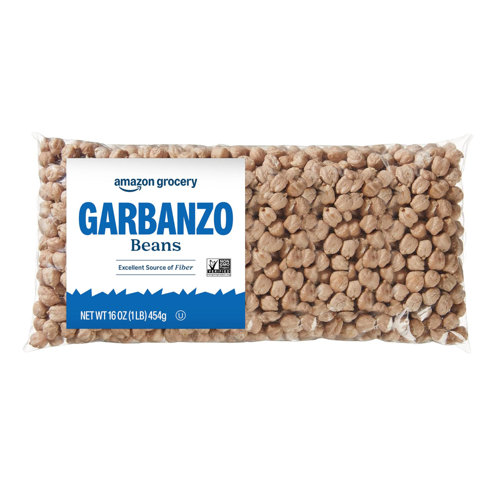 Amazon Grocery garbanzo beans 16 oz bag on shelf, ideal for quick meals.