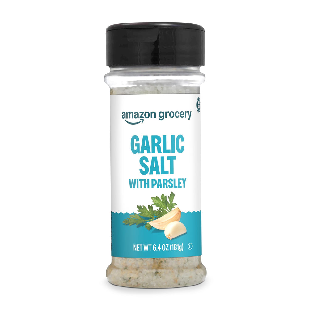 Amazon Grocery garlic salt with parsley bottle on the counter for quick flavor.