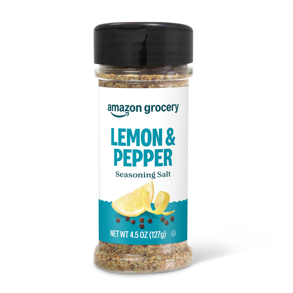 Amazon Grocery Lemon & Pepper seasoning bottle closeup highlights bright citrus aroma for everyday meals.