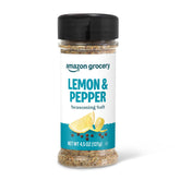 Amazon Grocery Lemon & Pepper seasoning bottle closeup highlights bright citrus aroma for everyday meals.
