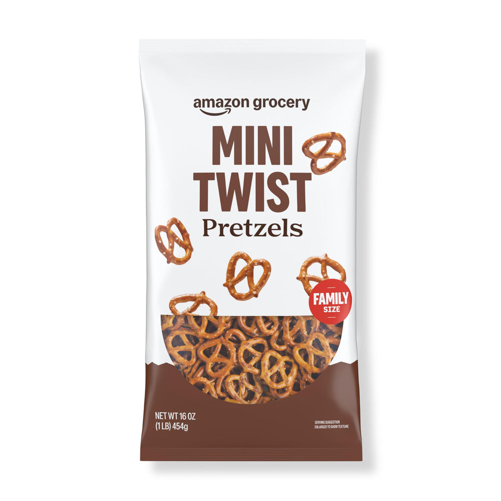 Amazon Grocery Mini Twist Pretzels bag front, convenient snack for quick breaks.
