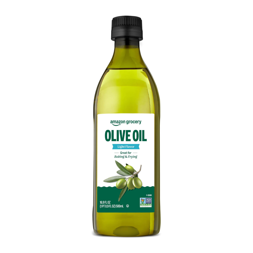 Amazon Grocery olive oil bottle with light flavor, ideal for baking and light sautéing.