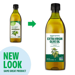 Amazon Grocery olive oil bottle on counter shows golden-green color.