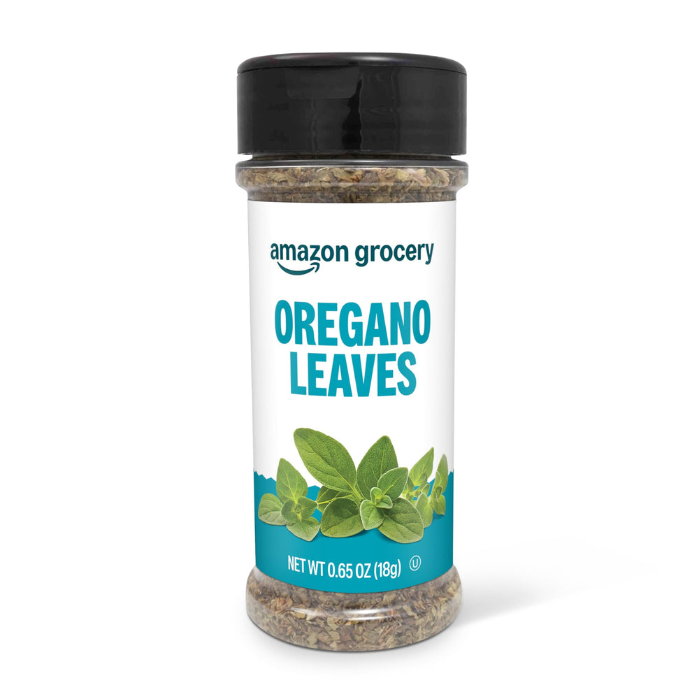 Amazon Grocery oregano leaves in a 0.65 oz jar, bright herbal aroma for seasoning.