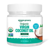 Amazon Grocery Organic Virgin Coconut Oil bottle pour shows versatile cooking use.