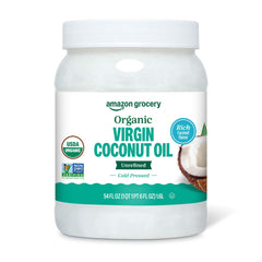 Amazon Grocery Organic Virgin Coconut Oil 54oz bottle showing rich flavor for cooking
