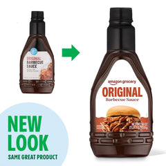 Amazon Grocery Original BBQ Sauce bottle on table, ready for family meals.