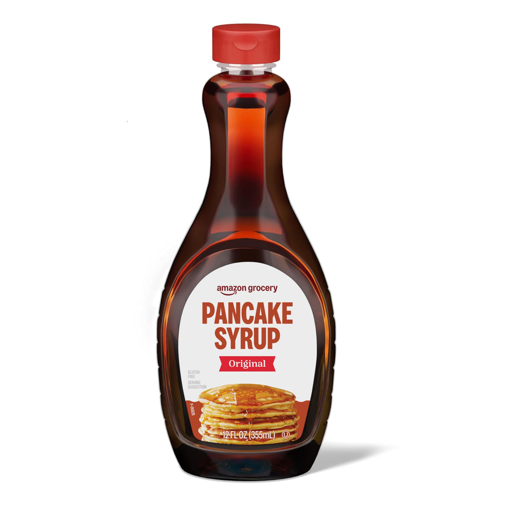 Amazon Grocery Original Pancake Syrup bottle pouring over pancakes for a classic breakfast.