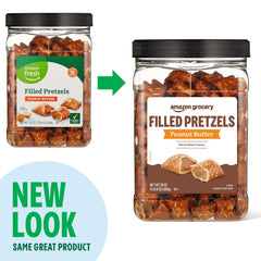 Amazon Grocery peanut butter filled pretzels picnic scene, convenient outdoors snack option.