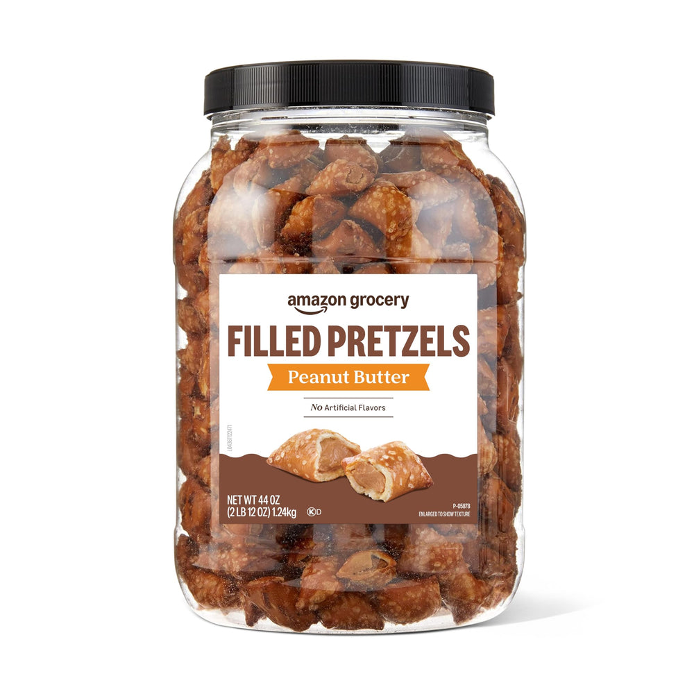 Amazon Grocery Peanut Butter Filled Pretzels jar closeup for snack on the go.