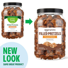 Amazon Grocery Peanut Butter Filled Pretzels tub package emphasizing multi-serve convenience.