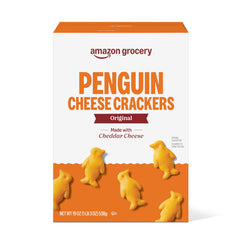 Penguin Cheese Crackers Amazon Grocery box front shows cheddar flavored snack for on the go