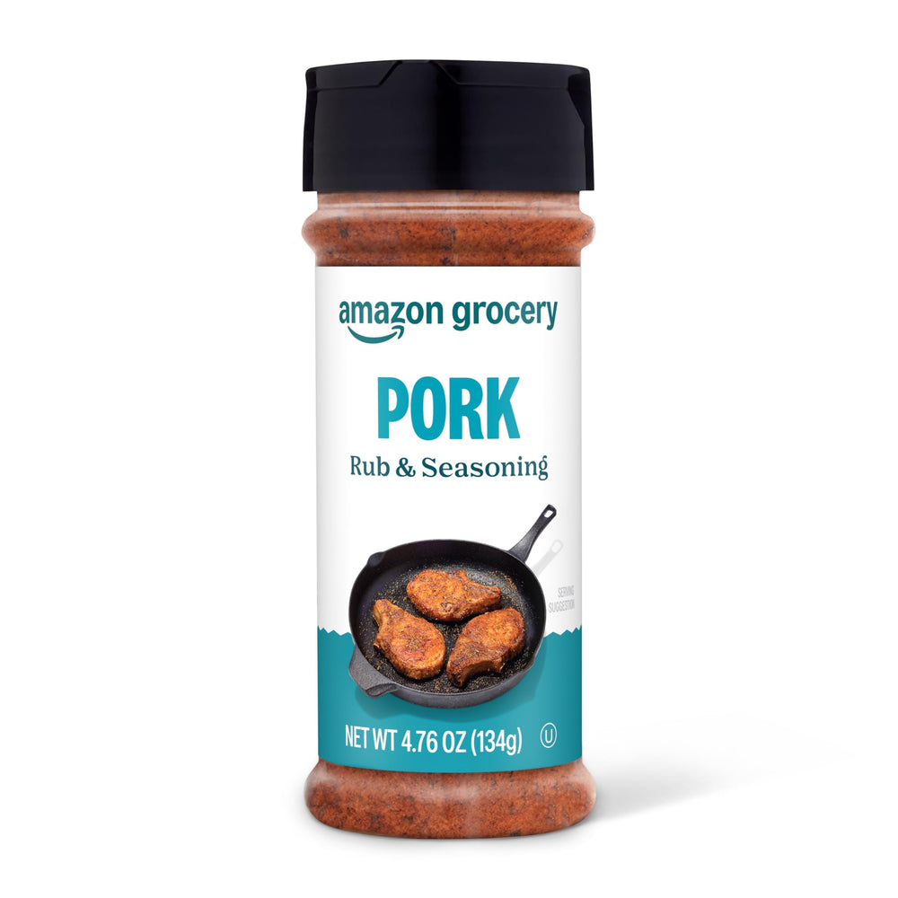 Amazon Grocery Pork Rub & Seasoning label front, ready to boost pork flavor.