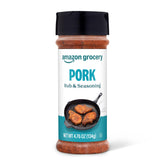 Amazon Grocery Pork Rub & Seasoning label front, ready to boost pork flavor.